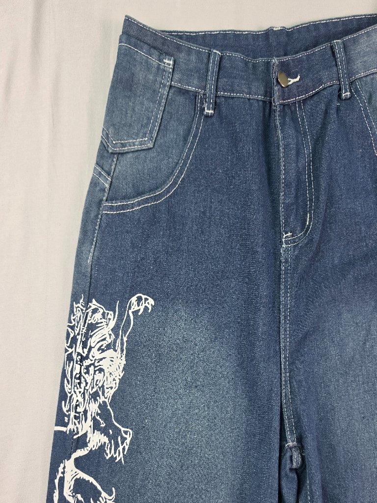 Y2k Jnco Style Blue Dragon Graphic Baggy Wide Leg Skater Jeans Small
